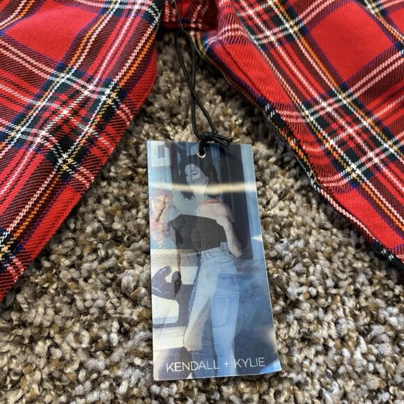 Kendall + Kylie Shirt Dress Small Red Plaid Embroidered Raw Hem Button Front - Picture 12 of 13